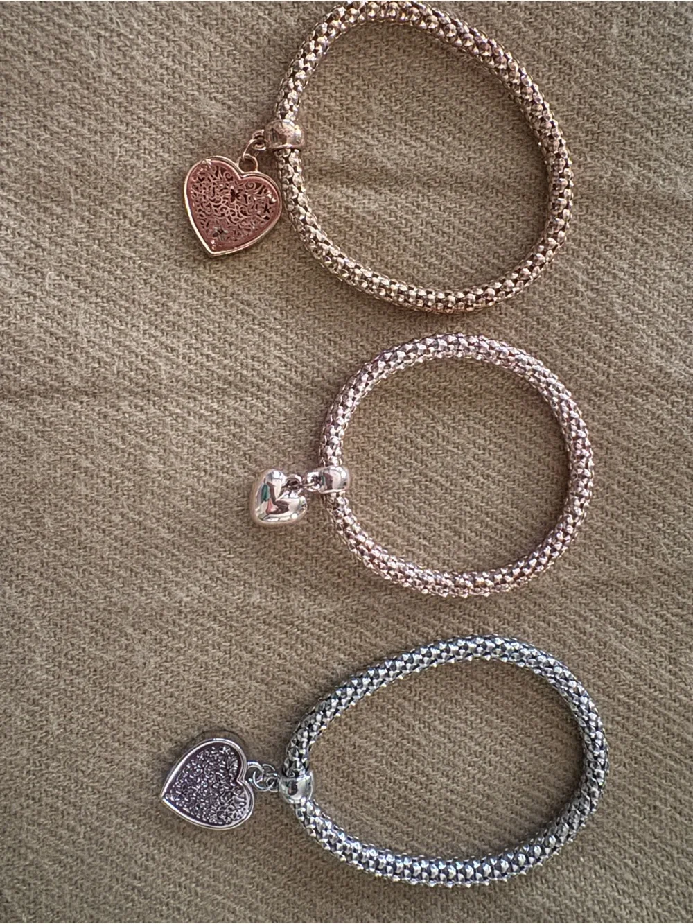 Nine stretch-Tone Heart Charm Bracelet Set - Rose Gold, Silver & Gold